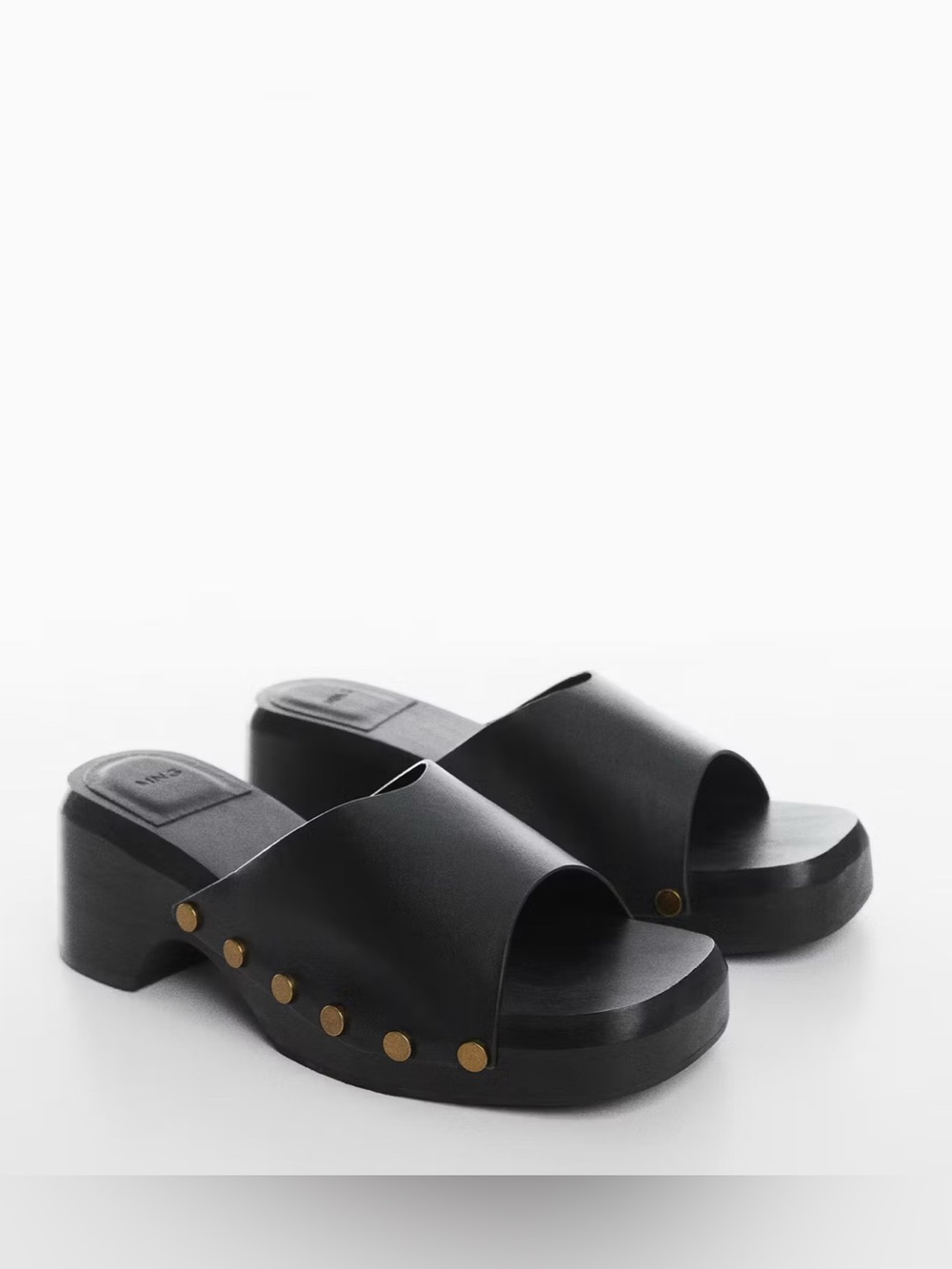 NWT Mango Black Open Toed Clogs with Gold Brass Stud Accents